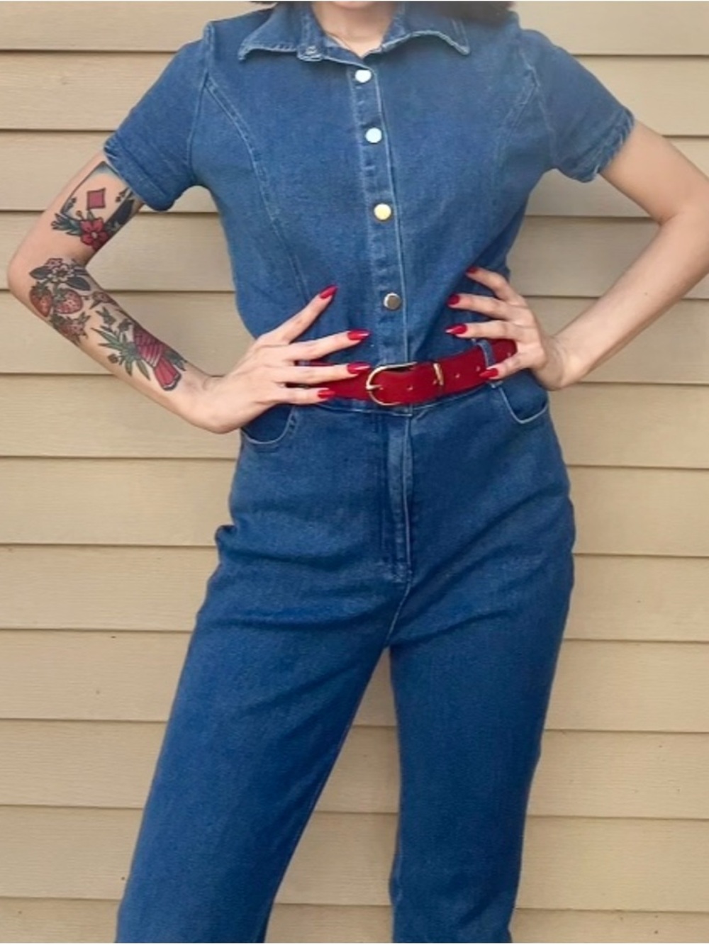 Short-Sleeve Denim Jumpsuit - Picture 3 of 4